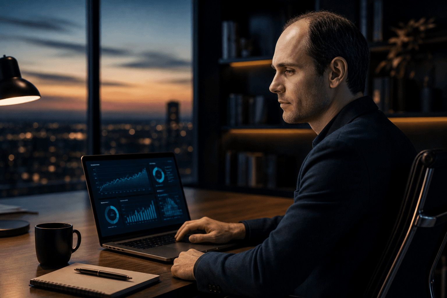 A business owner reviewing a single-company dashboard on a laptop